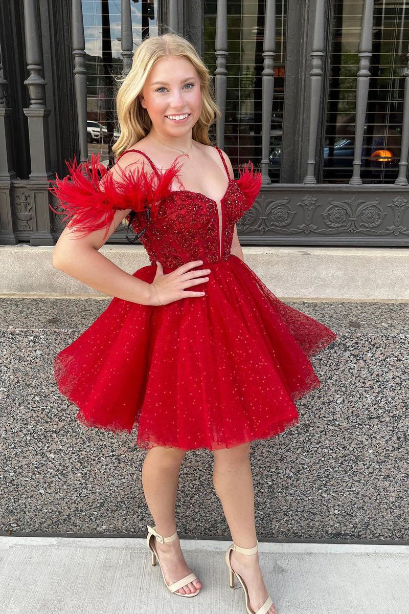 Red A-Line Beaded Homecoming Dresses with Feathers VK23072304