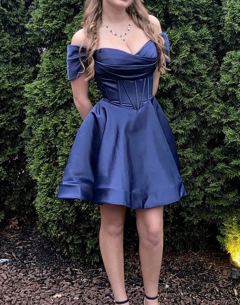 Stunning Homecoming Dress Satin A Line Off Shoulder Navy Blue Cocktail Dress Short Birthday Dress