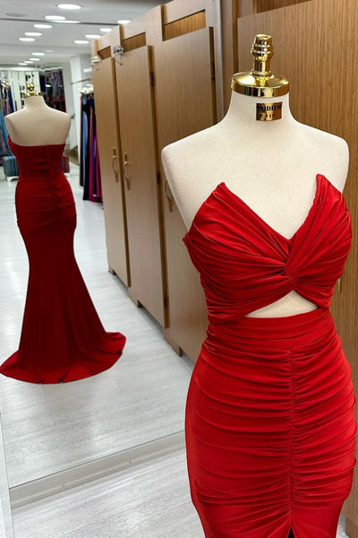 Red Strapless Twisted Knot Mermaid Long Formal Dress with Slit VK23122104