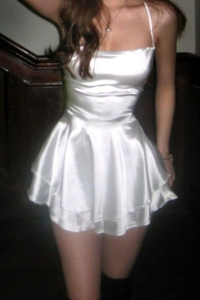 Pretty Homecoming Dress A Line White Spaghetti Straps Satin Back to School Outfits Short Birthday Dress