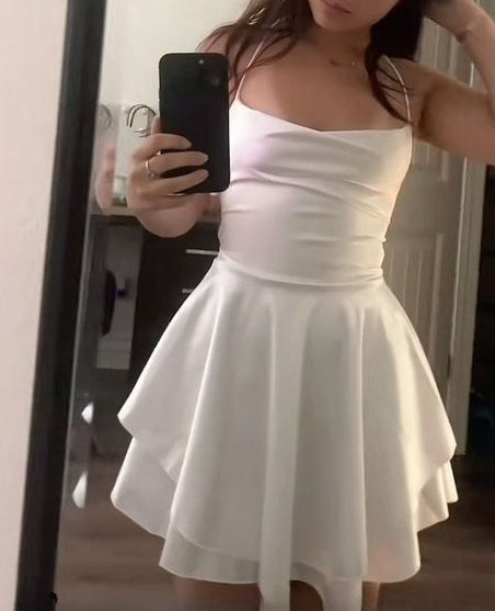 Pretty Homecoming Dress A Line White Spaghetti Straps Satin Back to School Outfits Short Birthday Dress