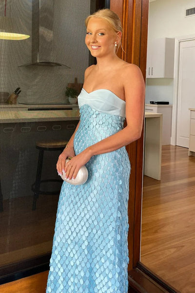 Sheath Strapless Light Blue Satin Sequins Long Prom Dresses VK26010507