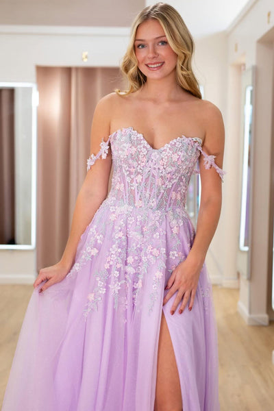A Line Sweetheart Lavender Tulle Prom Dress with Appliques VK030505