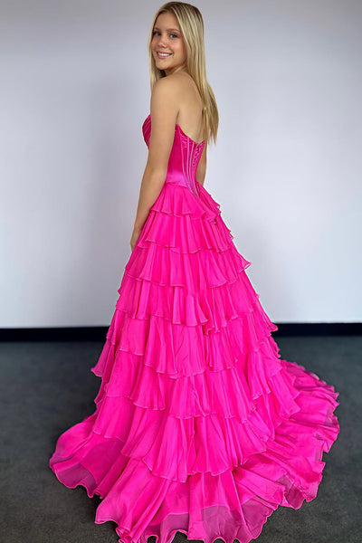 A-Line Strapless Ruffle Tiered Long Prom Dresses with Slit VK25031602