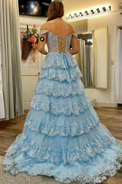 Light Blue Off the Shoulder Ruffle Tiered Long Prom Dresses VK24012505
