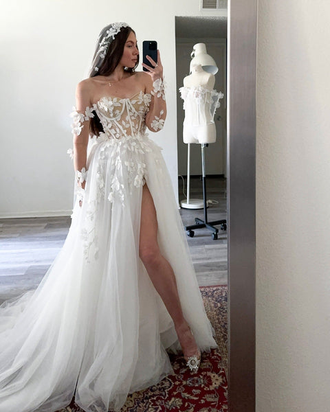 Sweetheart A Line Boho Wedding Dresses Tulle 3d Flowers Wedding Gowns for Bride