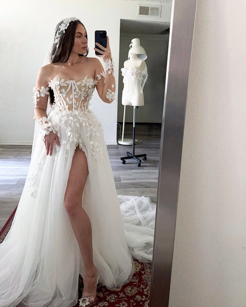 Sweetheart A Line Boho Wedding Dresses Tulle 3d Flowers Wedding Gowns for Bride