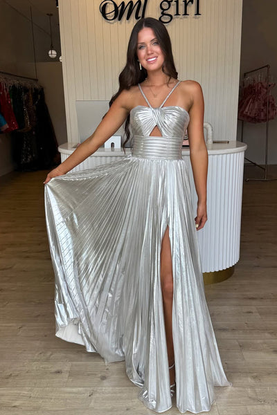 Eye-Catching Sweethart Silver Pleated Long Prom Dress with Slit VK25092405