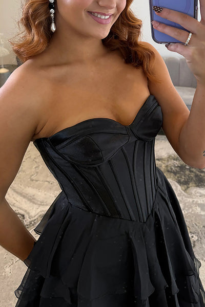 Classic Ball Gown Strapless Black Chiffon Ruffle Tiered Prom Dresses with Slit VK26010706