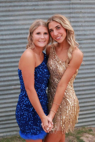 Cute Bodycon One Shoulder Gold Sequins Short Homecoming Dresses with Beading VK24100201