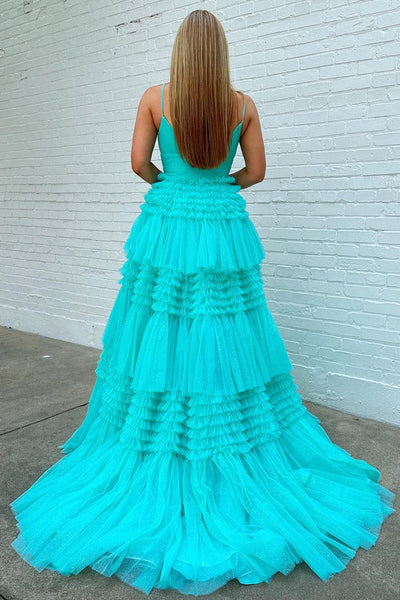 Cute A Line V Neck Tiered Tulle Prom Dresses with Slit VK24102310