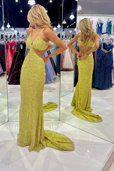 Yellow Sequins Deep V Neck Cutout Long Prom Dresses VK23112303