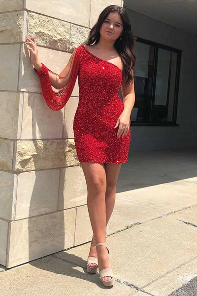 Sparkly Gold One Shoulder Sequins Short Homecoming Dresses VK23070705