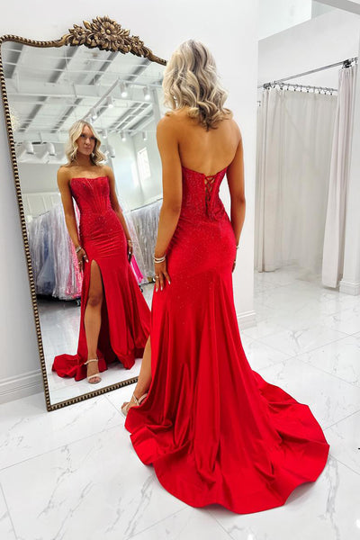 Mermaid Strapless Red Beads Corset Long Prom Dresses with Slit VK26020908