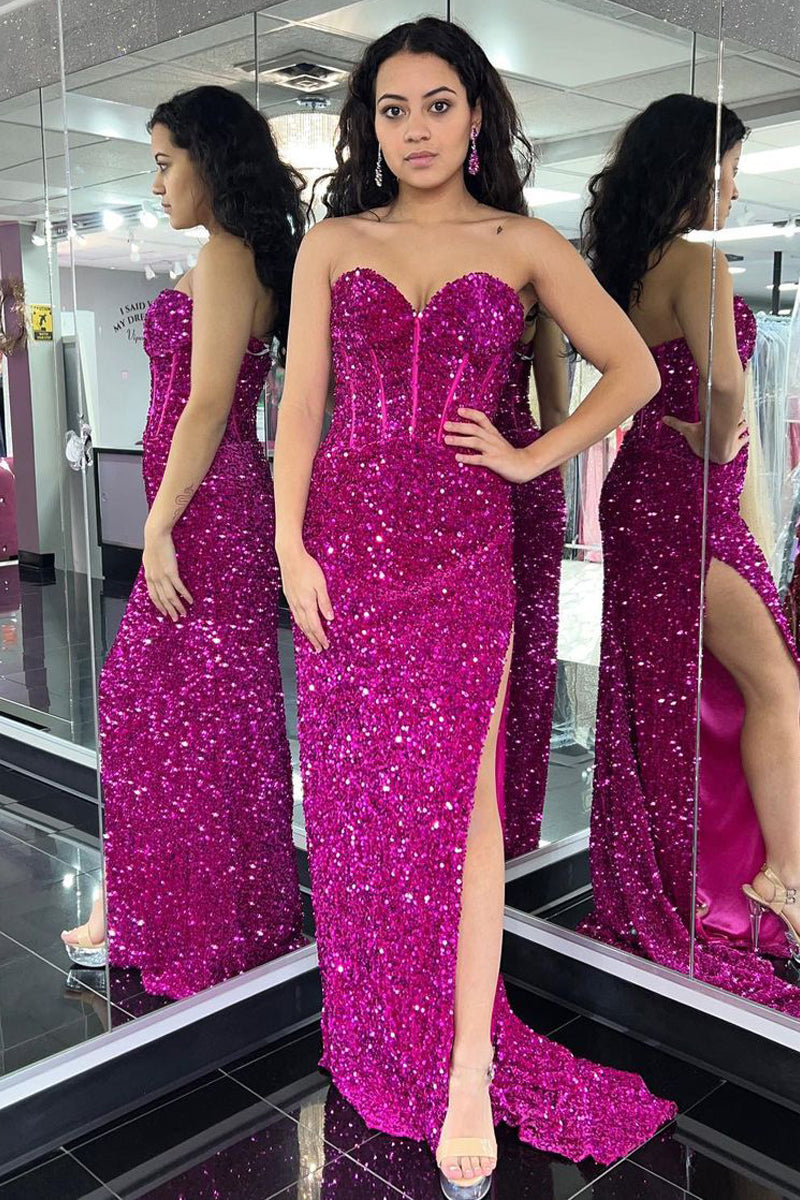 Cute Mermaid Sweetheart Pinkish Sequins Long Prom Dresses with Slit VK23012001