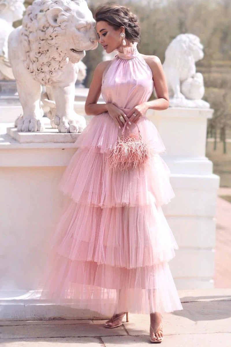 Cute Ball Gown High Neck Pink Tulle Te Length Prom Dresses VK23050510