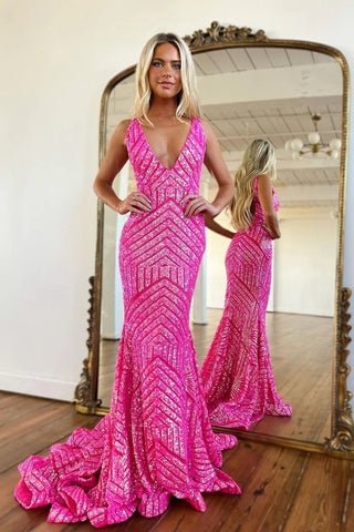 Fashion Mermaid V Neck Sparkly Sequins Prom Dresses VK23012902