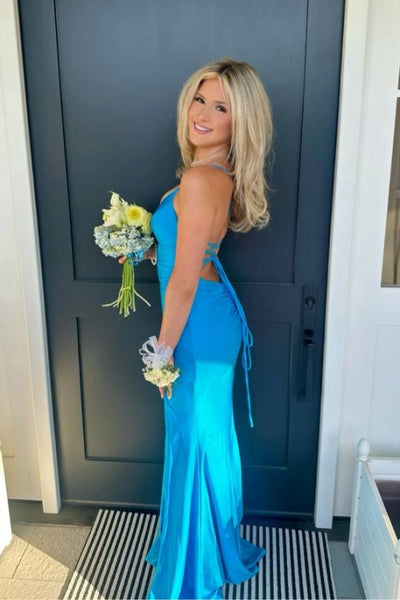 Sky Blue Straps Mermaid V-Neck Long Prom Dress VK26031528
