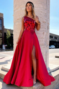 Charming A Line One Shoulder Red Sequins Long Prom Dresses with Slit VK10303