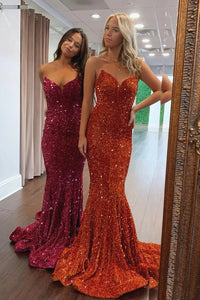 Charming Mermaid V Neck Orange Sequins Prom Dresses VK121503