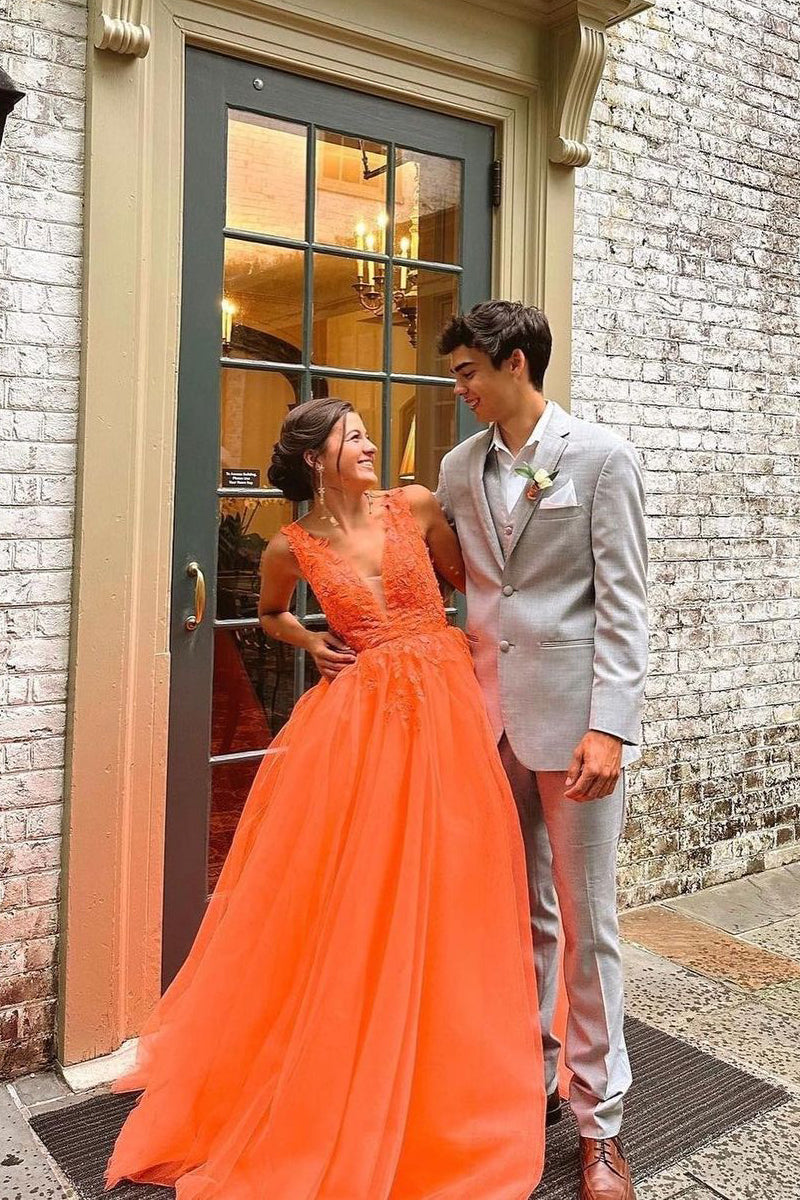 Cute A Line V Neck Orange Tulle Long Prom Dresses with Appliques VK23061007