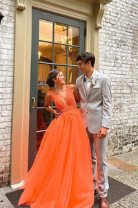 Cute A Line V Neck Orange Tulle Long Prom Dresses with Appliques VK23061007