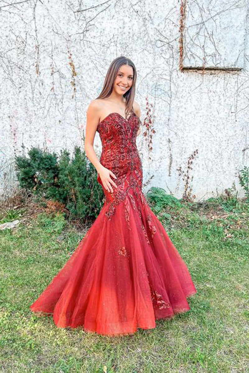 Stunning Mermaid Sweetheart Red Prom Dresses with Sequins Appliques VK22031504