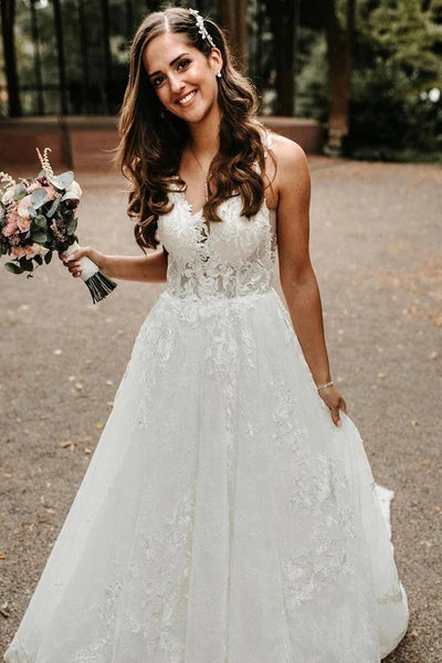 Elegant Tulle A-line Backless Wedding Dresses Chapel Train Bridal Gowns VK0208005