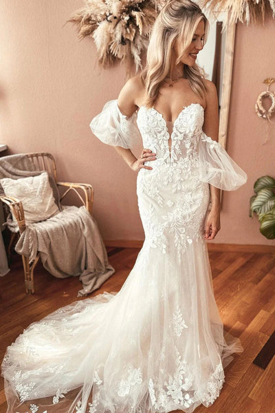 Charming Mermaid Sweetheart Lace Wedding Dresses with Appliques VK23061405