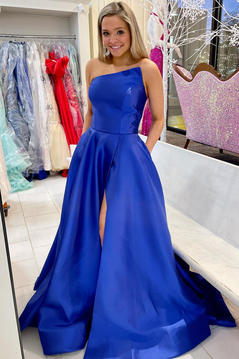 Beautiful A-Line Strapless Royal Blue Satin Long Prom Dresses with Pockets VK22022304