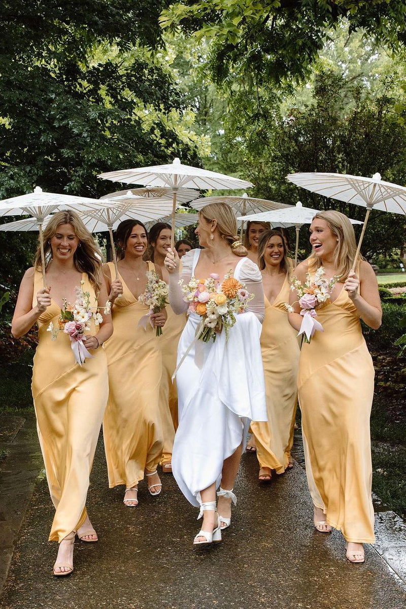 Charming Sheath V Neck Silk Saitn Bridesmaid Dresses VK23052301