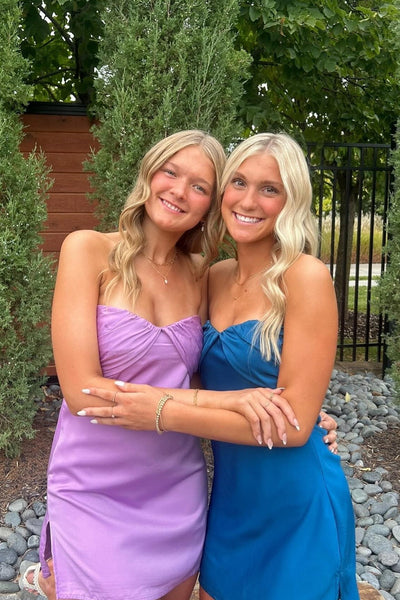 Strapless Sage Satin Short Dress with Slits