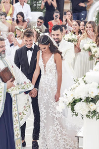 Gorgeous Mermaid V Neck Lace Long Wedding Dresses with Appliques VK23052503