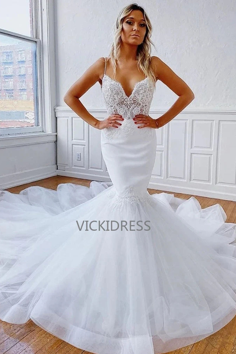 Mermaid Spaghetti Straps Tulle Lace Wedding Dresses with Train VK0529005