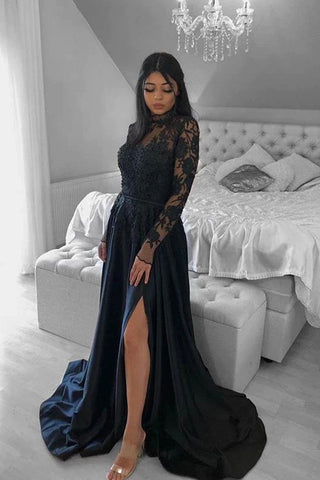 Free Shipping Elegant A-Line High Neck Black Satin Lace Long Prom Evening Dresses with Split,Formal Party Dresses VK0502007