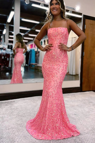 Charming Mermaid Straps Coral Sequins Lace Long Prom Dresses VK10301