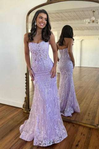 Cute Mermaid Strapless Lavender Sequins Lace Prom Dresses VK122903