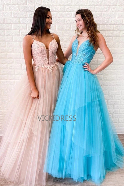 A-Line Cross Back Blush Blue Tulle Long Prom Dresses with Appliques VK0529008