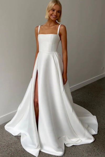 Cute A Line Square Neck Satin Wedding Dresses with Slit VK23060505