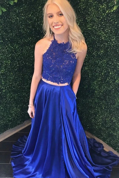 Free Shipping Marvelous Two Piece A-Line Halter Royal Blue Satin Long Prom Evening Dresses with Lace and Beading VK0119052