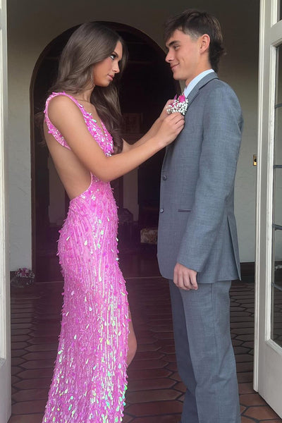 Charming Mermaid V Neck Sequins Long Prom Dresses with Beading VK24102815