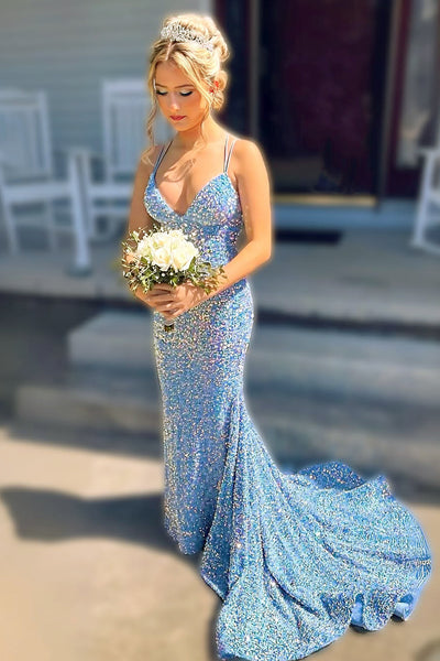 Cute Mermaid V Neck Light Blue Velvet Sequins Prom Evening Dresses with Cross Back VK25052409