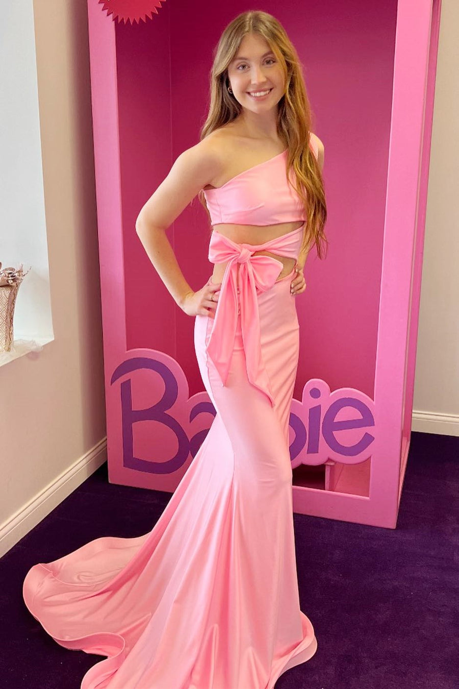 Pink One-Shoulder Cutout Trumpet Long Prom Dress VK23122106