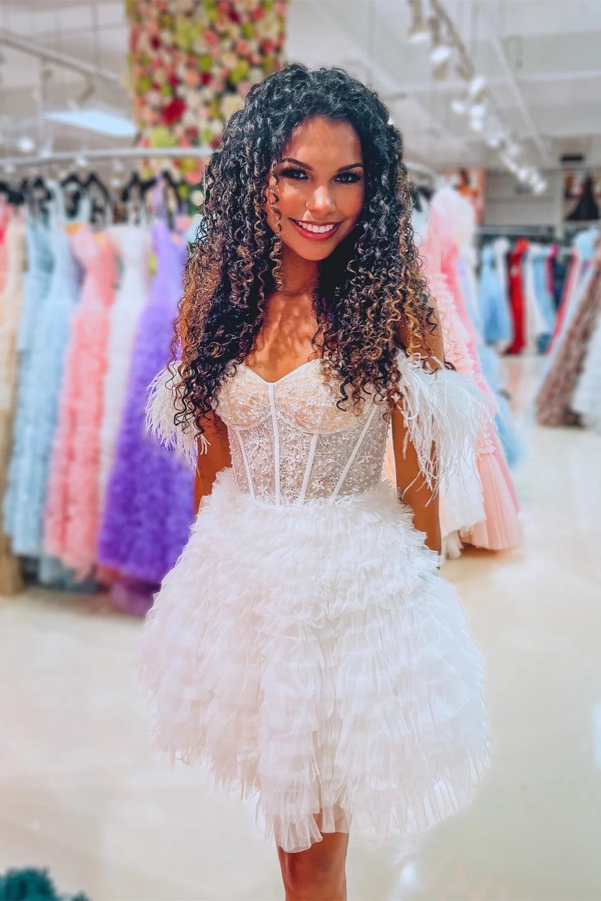 White Off-the-Shoulder Feathers Ruffle-Layers Homecoming Dress VK23061903