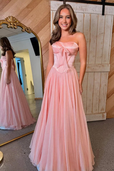 Cute A-Line Sweetheart Pink Chiffon Long Prom Dress with Bowknot VK26010510
