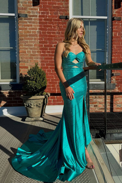 Sparkly Mermaid V Neck Daffodial Satin Slit Prom Dress with Beading