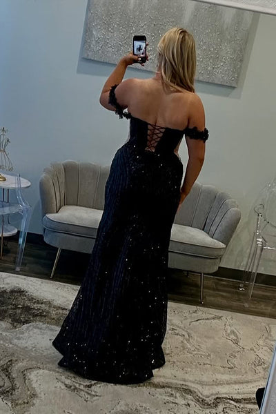 Mermaid Off the Shoulder Black Sequins Lace Long Prom Dresses with Slit VK25032501