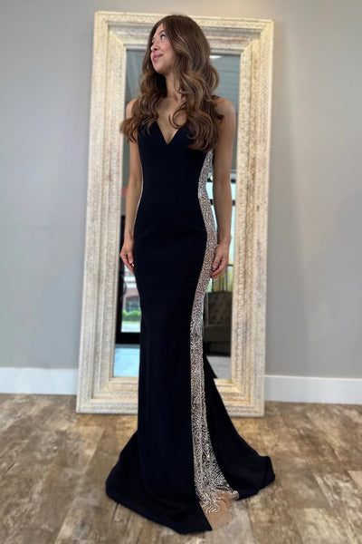 Charming Mermaid V Neck Black Satin Prom Dress with Beading VK25060506