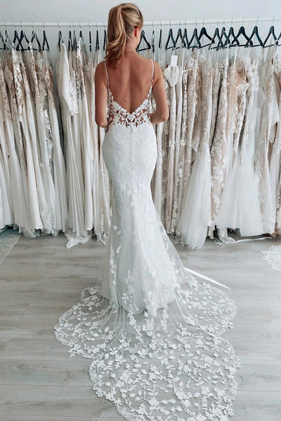 Charming Mermaid V Neck Spaghetti Straps White Wedding Dresses VK23082503