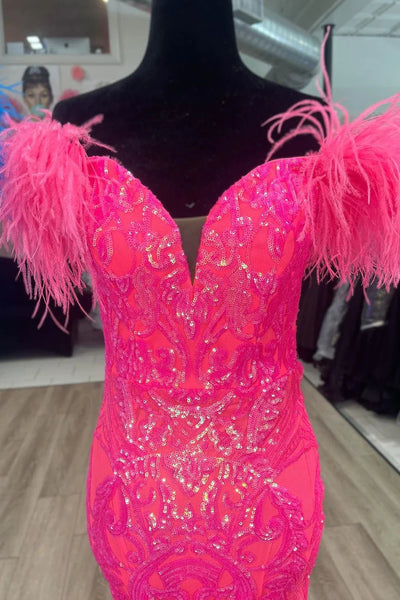Glittering Glamour Mermaid Off the Shoulder Hot Pink/Blue Long Prom Dress with Feather VK23092308